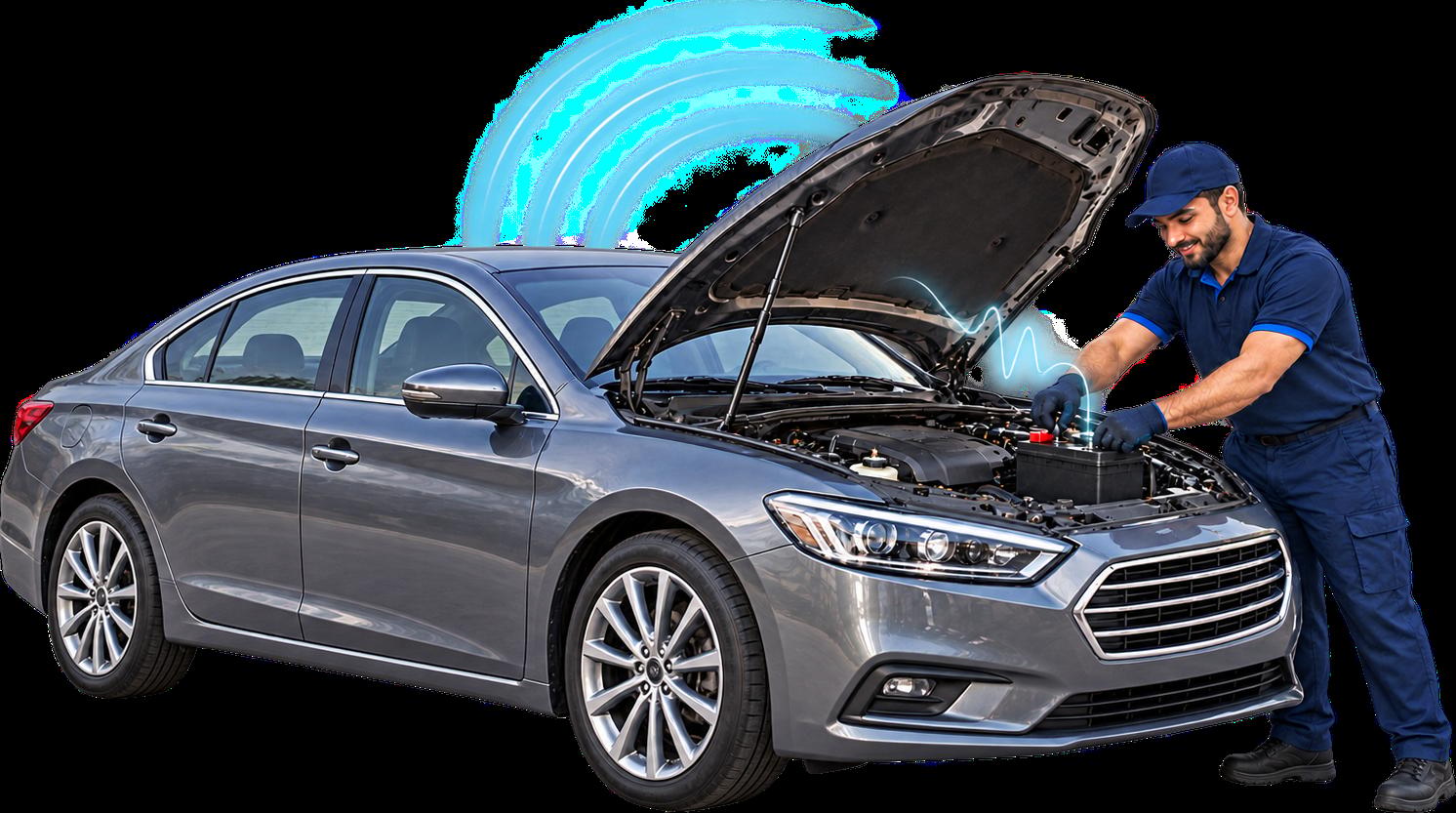 Technician fitting a new battery to a sedan on site in Dubai Media City